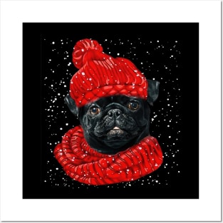 Black Pug Wearing Red Hat And Scarf In Snow Christmas Posters and Art